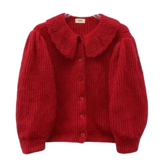 Celine Red Mohair Knitted Cardigan Jacket With Doll Collar